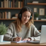 Jeune femme écoute de la musique en travaillant à son bureau