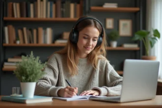 Jeune femme écoute de la musique en travaillant à son bureau