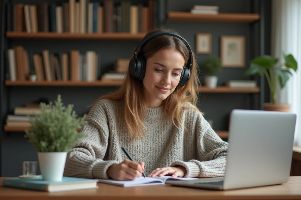 Jeune femme écoute de la musique en travaillant à son bureau