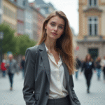 Jeune femme en blazer moderne dans une place urbaine animée