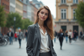 Jeune femme en blazer moderne dans une place urbaine animée