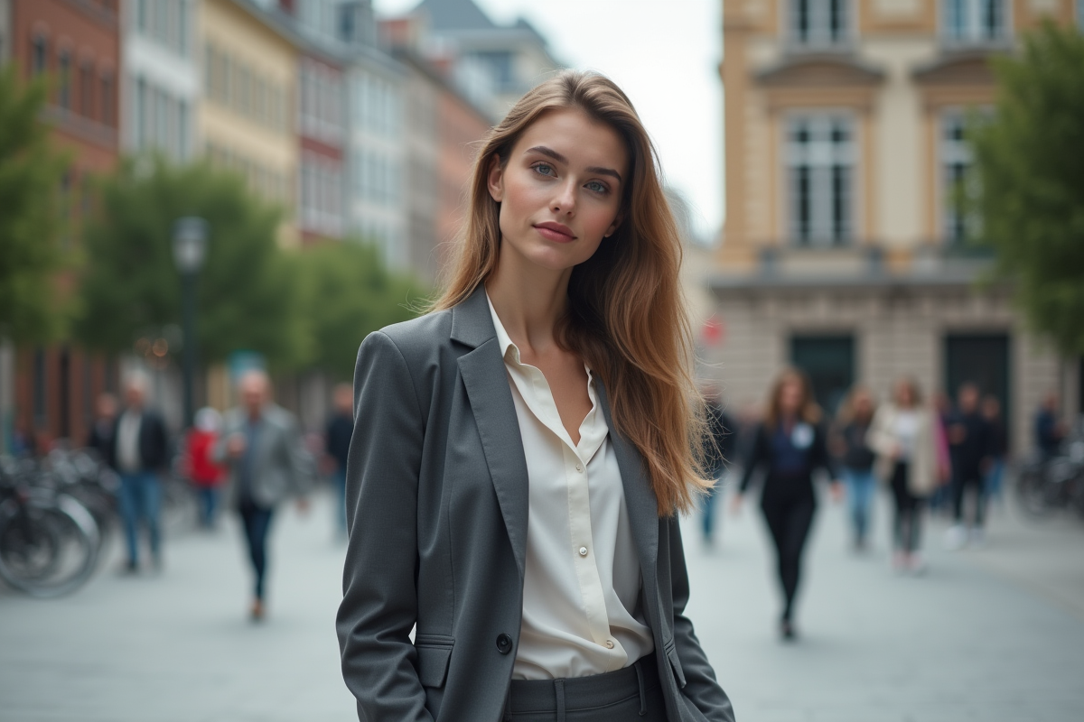 Jeune femme en blazer moderne dans une place urbaine animée