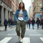 Jeune femme en style urbain dans une rue animée
