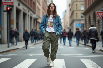 Jeune femme en style urbain dans une rue animée
