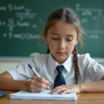 Jeune fille en uniforme écrivant en classe avec tableau de conversion