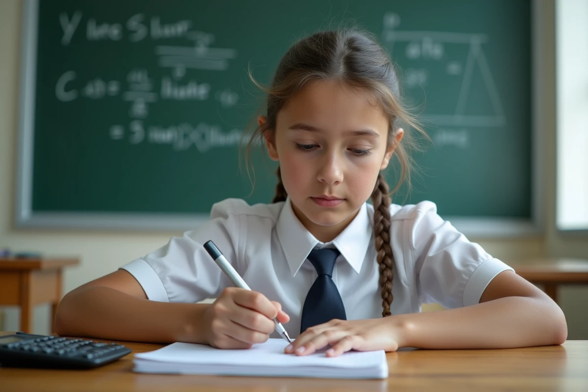 Jeune fille en uniforme écrivant en classe avec tableau de conversion