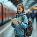Jeune fille de 13 ans avec sac à dos sur plateforme train européenne