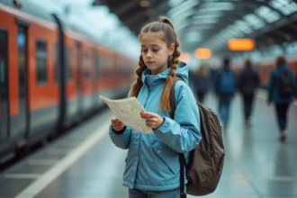 Jeune fille de 13 ans avec sac à dos sur plateforme train européenne