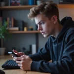 Jeune homme avec hoodie et smartphone dans un environnement gaming