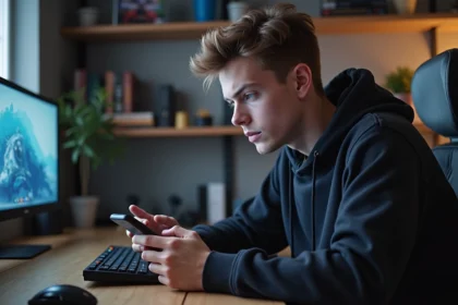 Jeune homme avec hoodie et smartphone dans un environnement gaming