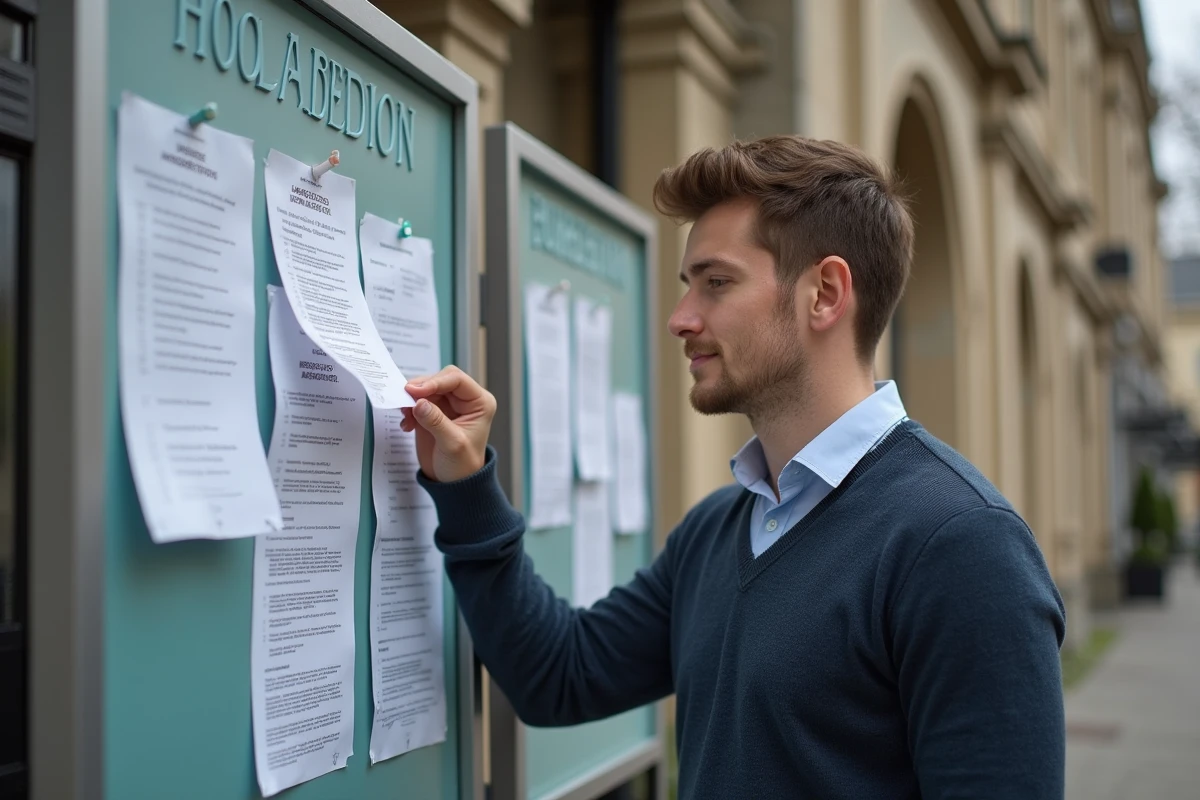 Jeune homme affichant une annonce sur un tableau public en extérieur