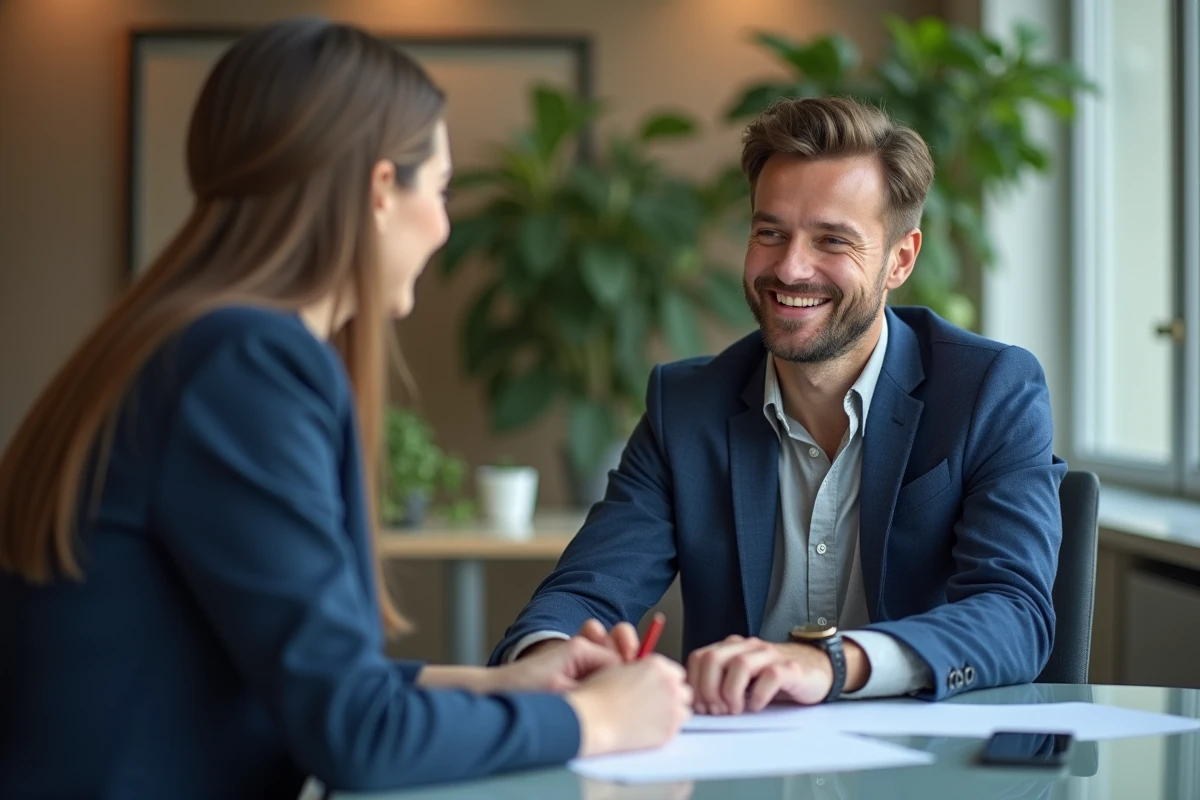 Jeune homme souriant discutant avec conseiller en assurance