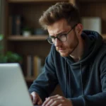 Jeune homme regardant son ordinateur avec souci de securite