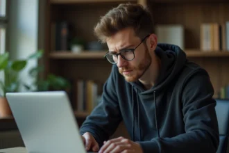 Jeune homme regardant son ordinateur avec souci de securite