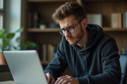 Jeune homme regardant son ordinateur avec souci de securite