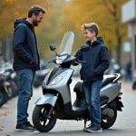 Adolescent avec son père examinant un scooter 50cc en ville