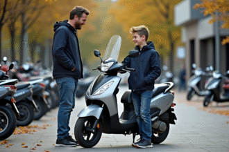 Adolescent avec son père examinant un scooter 50cc en ville
