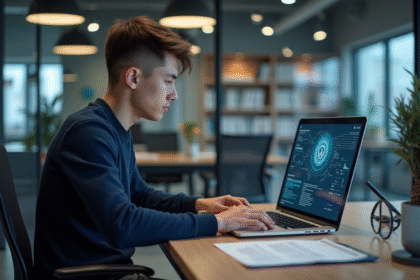 Jeune homme en bureau avec diagrammes de cybersécurité