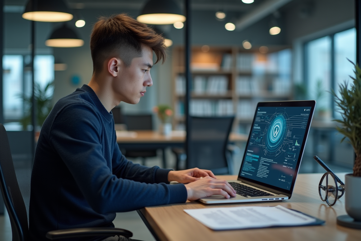 Jeune homme en bureau avec diagrammes de cybersécurité