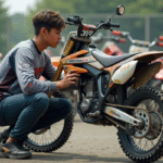 Jeune homme inspectant une moto tout-terrain 125cc en concession