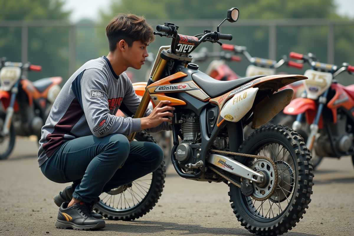 Jeune homme inspectant une moto tout-terrain 125cc en concession