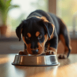 Jeune rottweiler mangeant dans une cuisine lumineuse