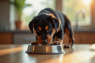 Jeune rottweiler mangeant dans une cuisine lumineuse