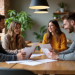 Jeunes adultes rient autour d'une table en cuisine urbaine