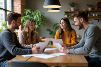 Jeunes adultes rient autour d'une table en cuisine urbaine