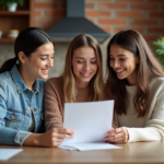 Trois jeunes adultes discutent autour d'une table dans un appartement lumineux