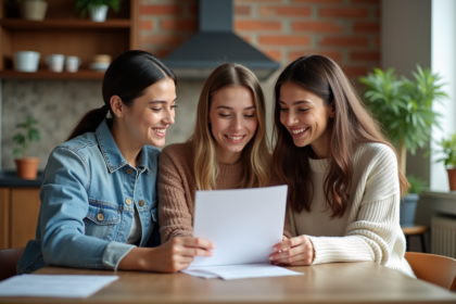 Trois jeunes adultes discutent autour d'une table dans un appartement lumineux