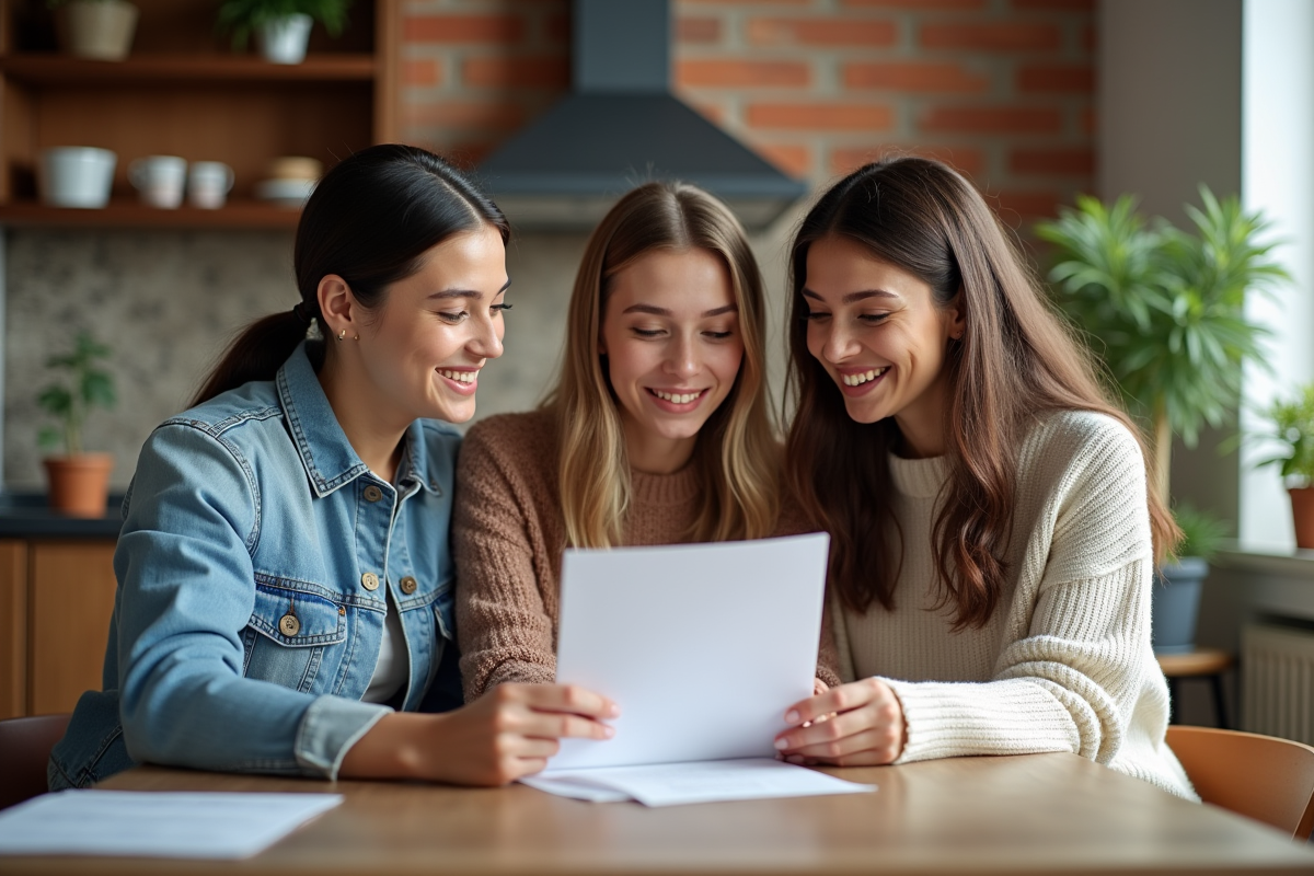 Trois jeunes adultes discutent autour d'une table dans un appartement lumineux