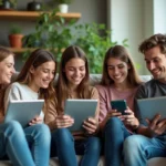 Groupe de jeunes adultes participant à un quiz Earth Day à la maison