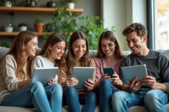Groupe de jeunes adultes participant à un quiz Earth Day à la maison