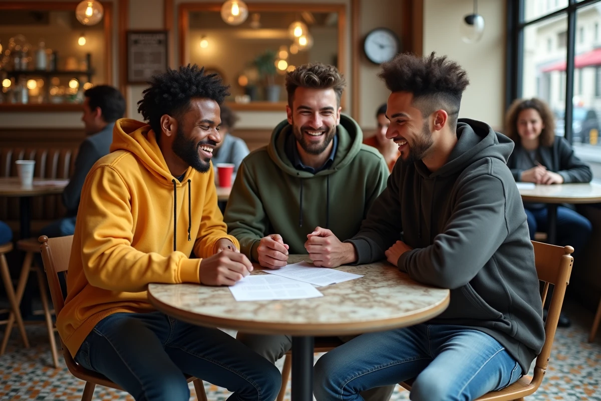 Groupe de jeunes humoristes en répétition autour d'un script dans un café parisien animé