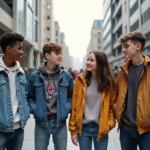 Jeunes divers en streetwear dans une place urbaine dynamique