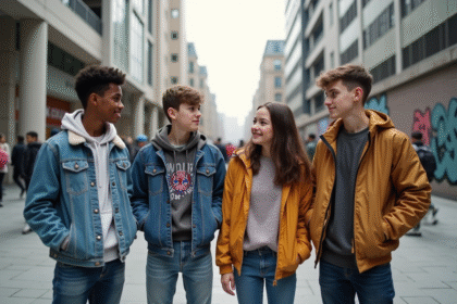 Jeunes divers en streetwear dans une place urbaine dynamique
