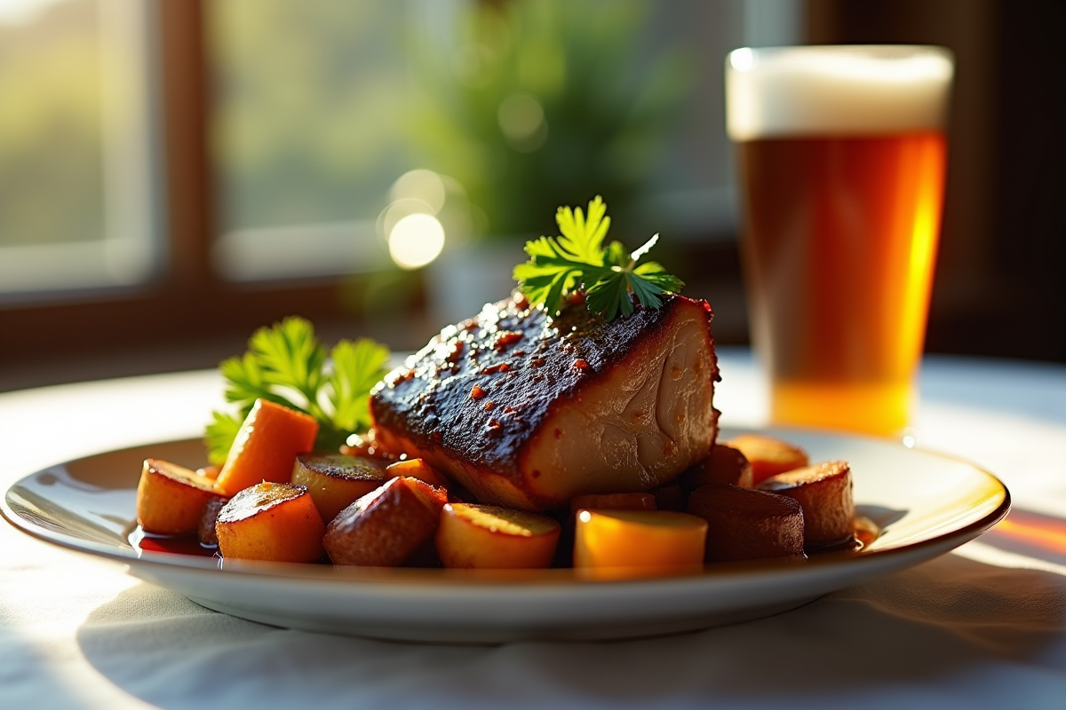 Gros plan sur joue de porc glacée à la bière avec légumes racines