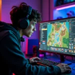Joueur concentré devant son PC optimisant sa stratégie de combat dans un jeu de rôle tactique fantasy style Dofus Royaume d'encre