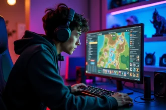 Joueur concentré devant son PC optimisant sa stratégie de combat dans un jeu de rôle tactique fantasy style Dofus Royaume d'encre
