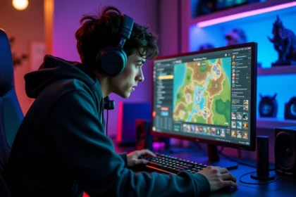 Joueur concentré devant son PC optimisant sa stratégie de combat dans un jeu de rôle tactique fantasy style Dofus Royaume d'encre