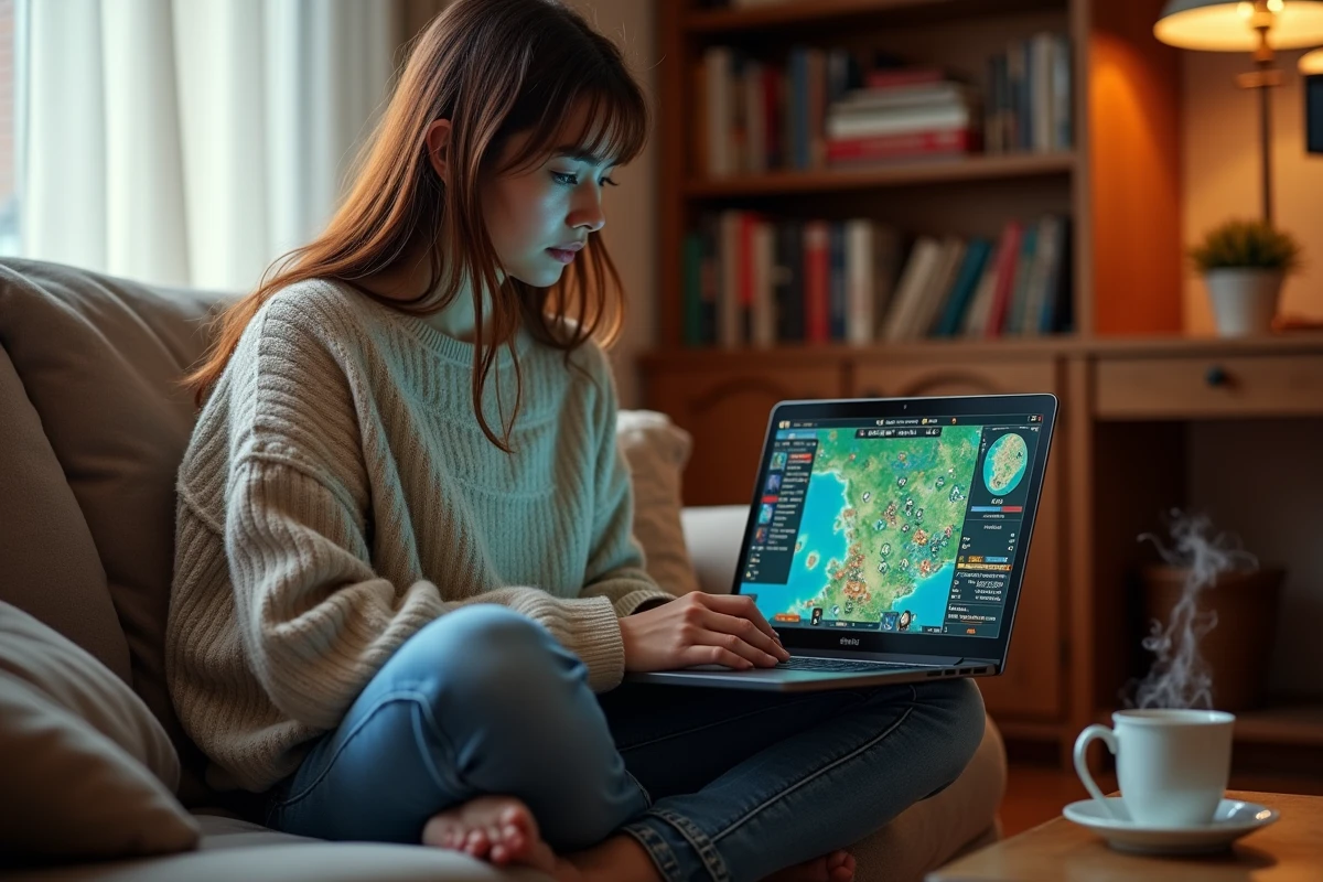 Joueuse casual sur canapé jouant à un RPG tactique fantasy sur ordinateur portable avec interface de combat au tour par tour visible