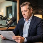 Journaliste radio professionnel masculin en studio de diffusion devant un microphone de radiodiffusion, symbolisant la carrière d'Anthony Bellanger à la radio