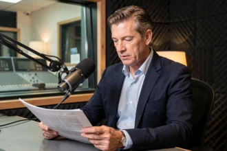 Journaliste radio professionnel masculin en studio de diffusion devant un microphone de radiodiffusion, symbolisant la carrière d'Anthony Bellanger à la radio