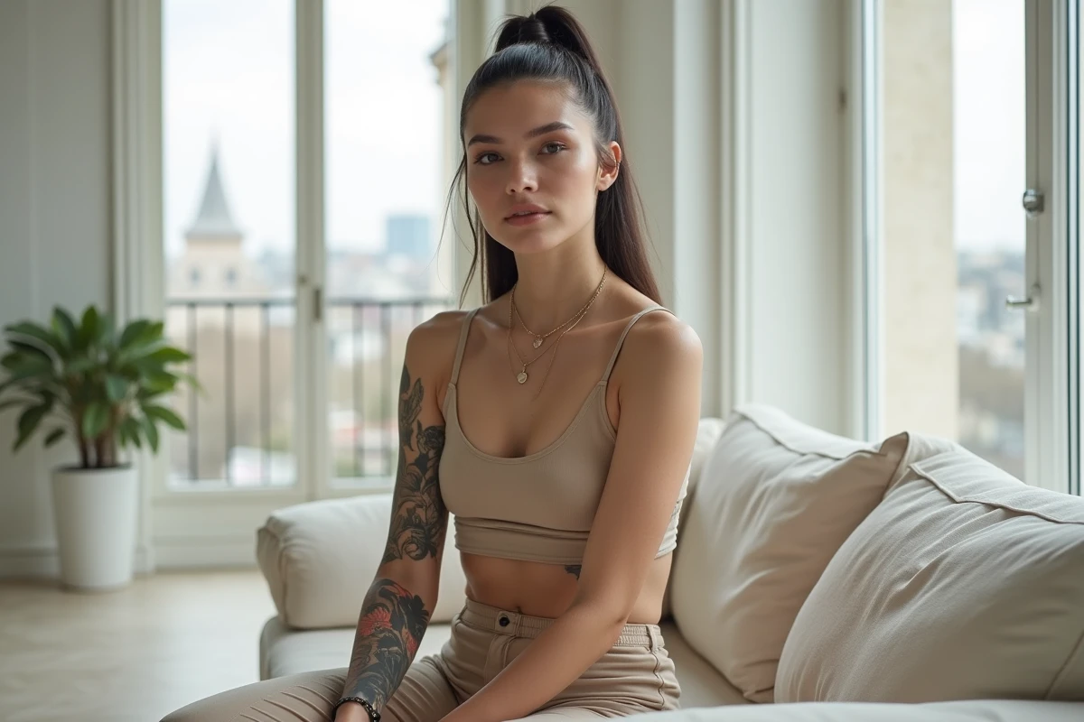 Julia Frenchie Shore assise dans un appartement moderne, mettant en valeur ses tatouages et sa silhouette