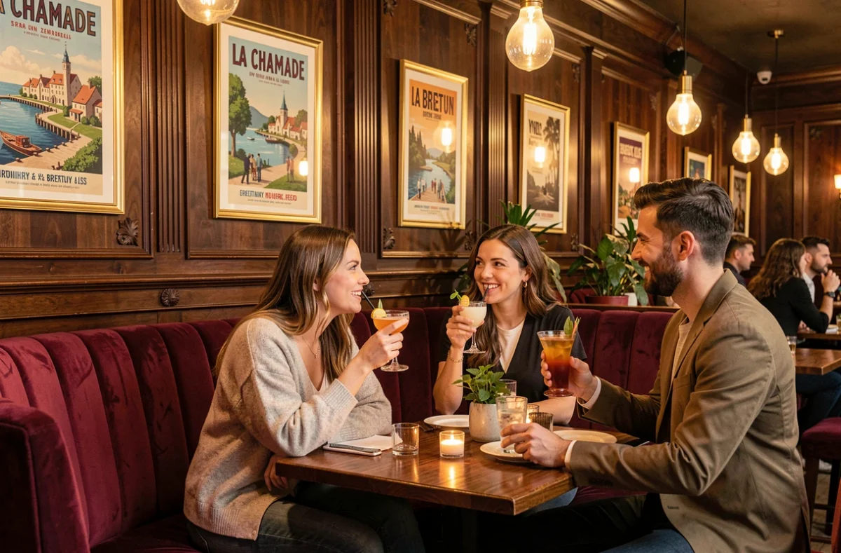 Salon bar de La Chamade avec banquettes en velours rouge, boiseries sombres et clients dégustant des cocktails dans une ambiance élégante