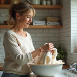 Femme lavant un pull en laine à la main dans un lavabo
