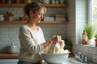 Femme lavant un pull en laine à la main dans un lavabo