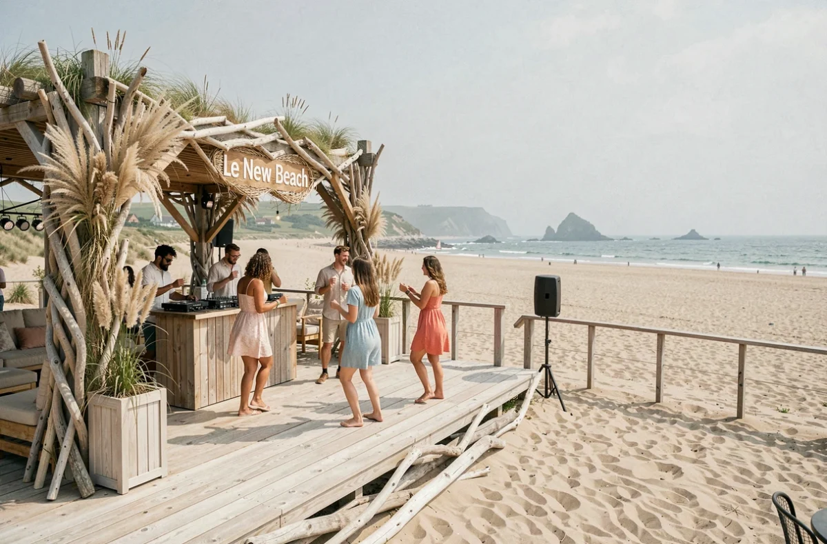 Espace extérieur du New Beach avec terrasse en bois sur la plage bretonne, DJ booth en décor bois flotté et jeunes adultes dansant face à l'Atlantique