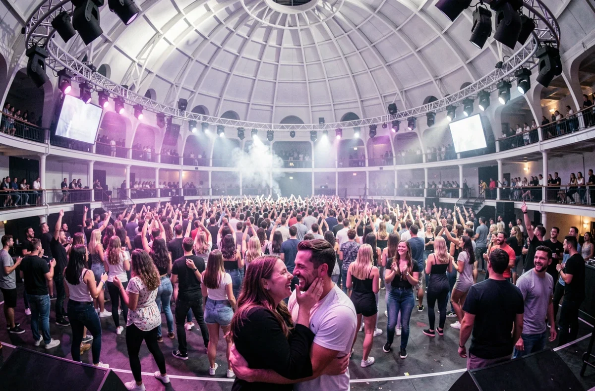 Grande piste de danse du Space Club sous un dôme impressionnant avec une foule nombreuse et jeu de lumières de scène colorées